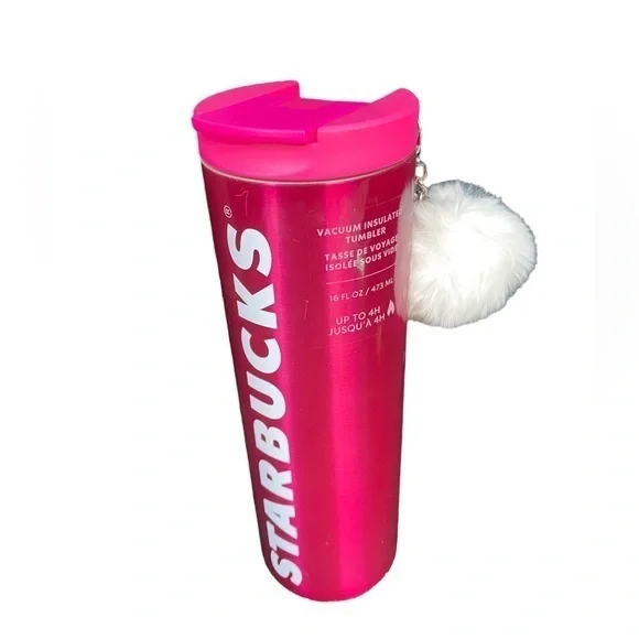 Starbucks hot pink white puff 16 Oz vacuum insulated tumbler 2023 holiday NEW 🌸 - Picture 1 of 3